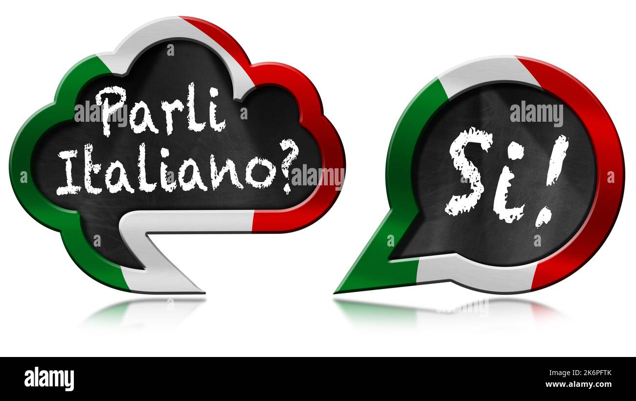 Two speech bubbles with Italian flag and question Parli Italiano? and