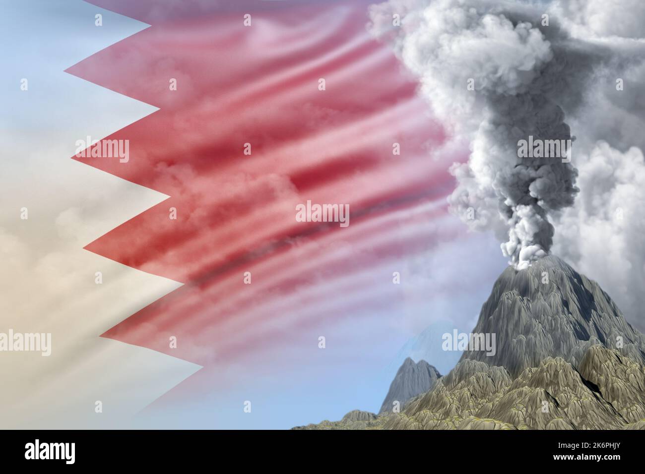 conical volcano blast eruption at day time with white smoke on Bahrain ...