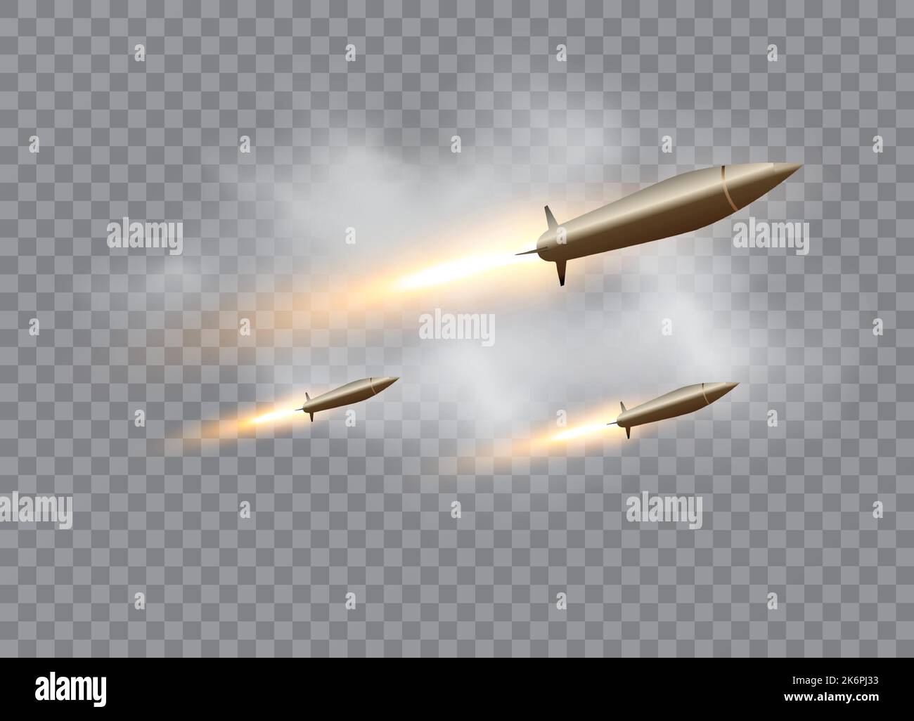 Realistic flying rockets in motion with the fiery trace. Vector illustration. Stock Vector