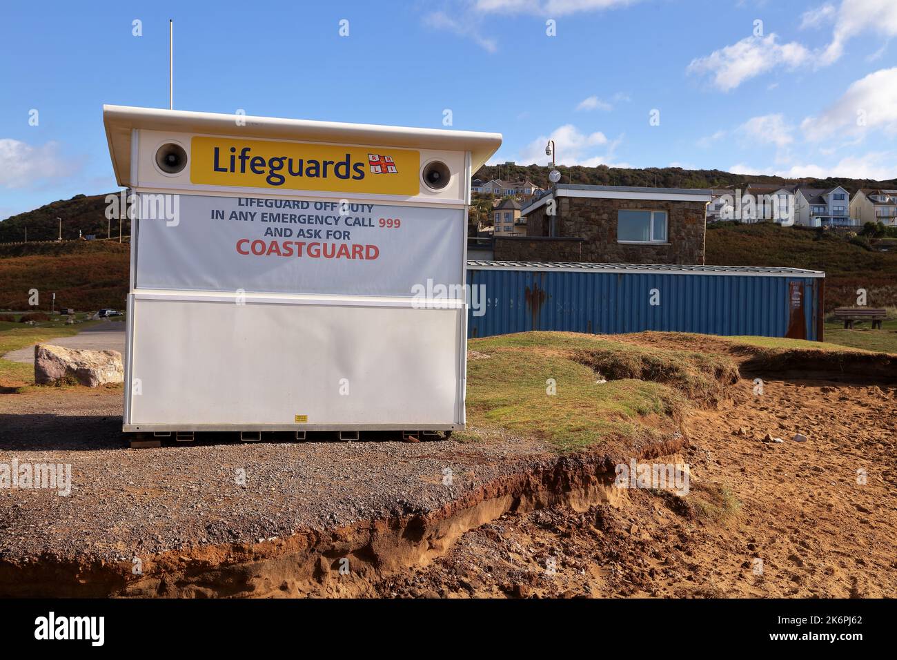 A temporary building placed on top of the sands at Ogmore by sea for protecting swimmers during the summer season. Stock Photo