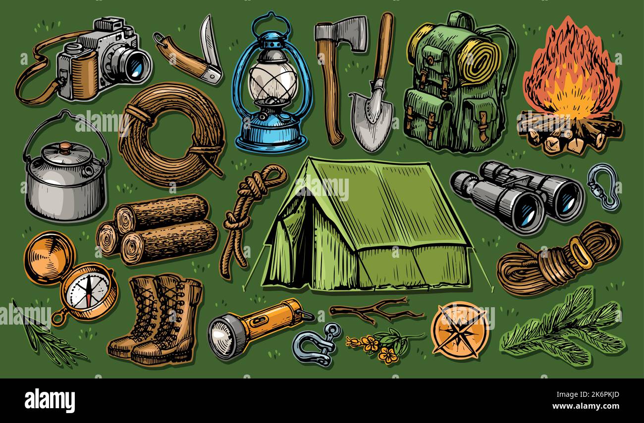 Camping equipment set. Summer camp collection. Active holidays or local