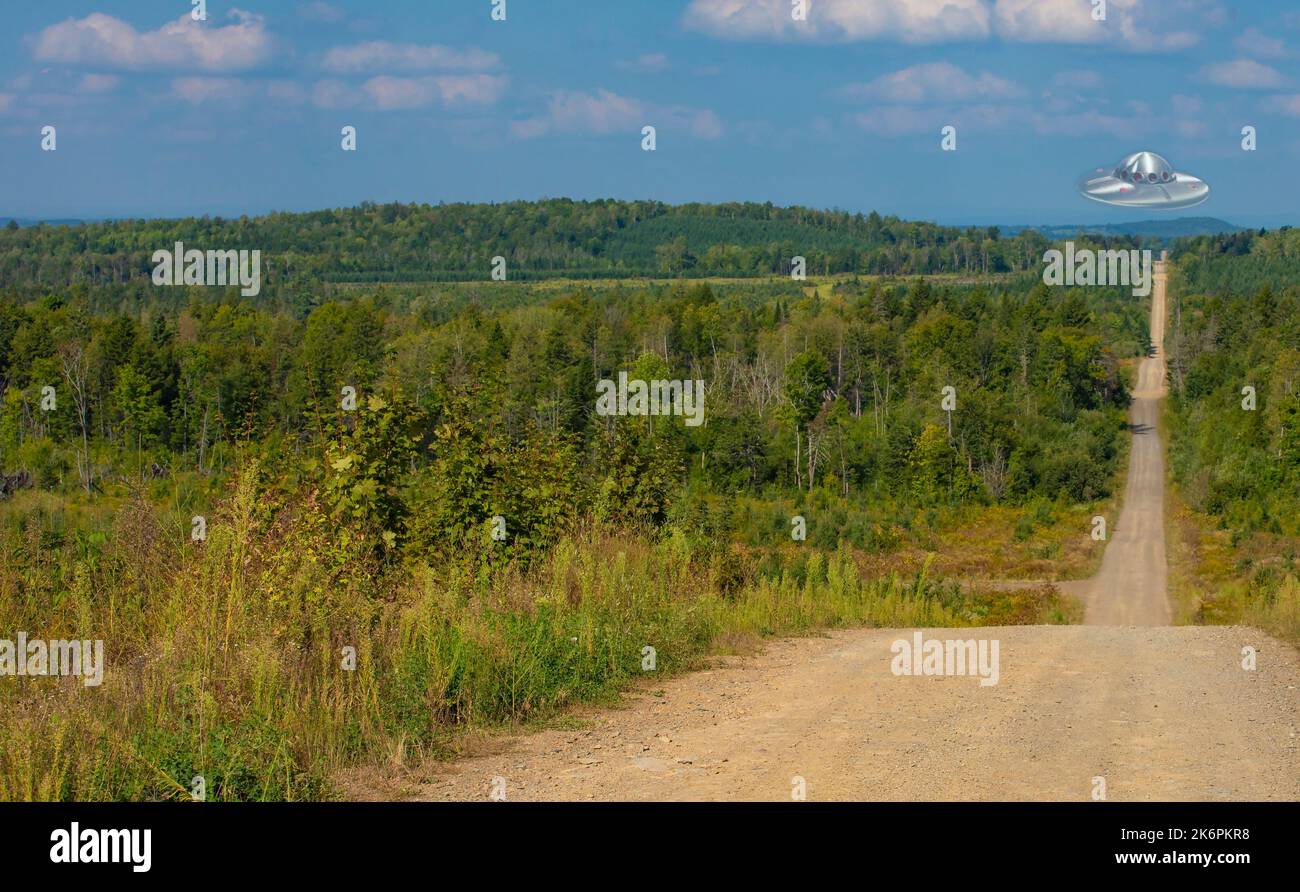UAP over a remote dirt road in a thick Maine forest Stock Photo