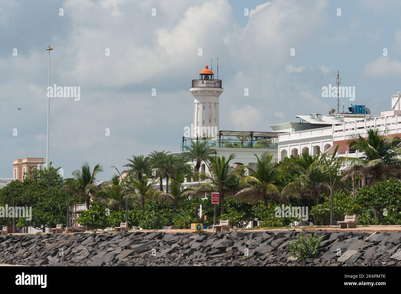 PONDICHERRY, INDIA - 13th October 2022: The restored lighthouse on the seaside promenade Stock Photo