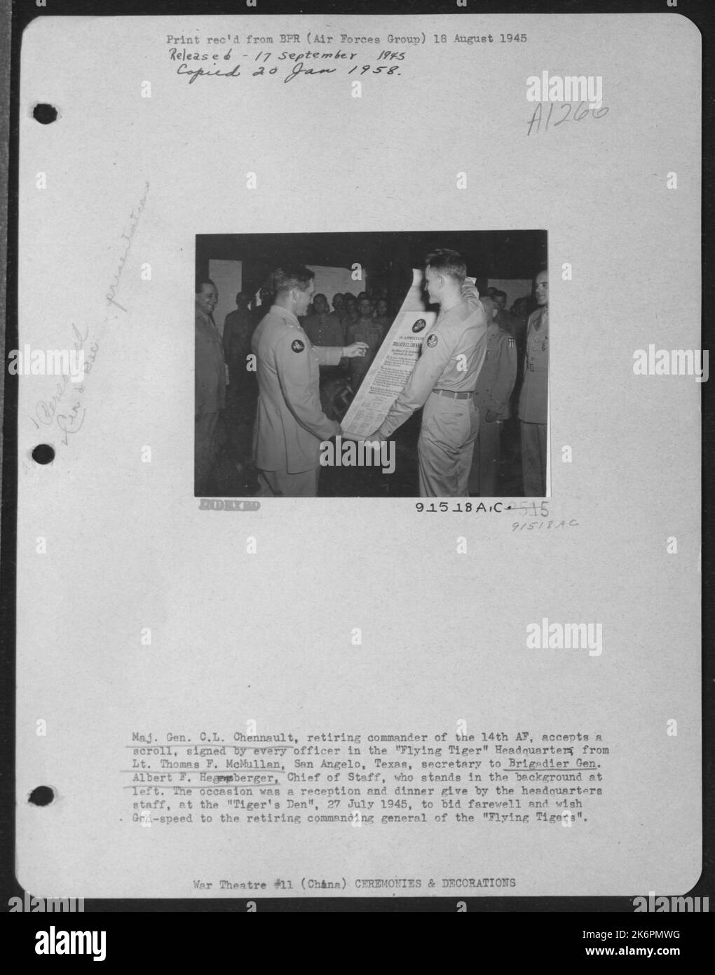 Major General C.L. Chennault, Retiring Commander Of The 14Th Af, Accepts A Scroll, Signed By