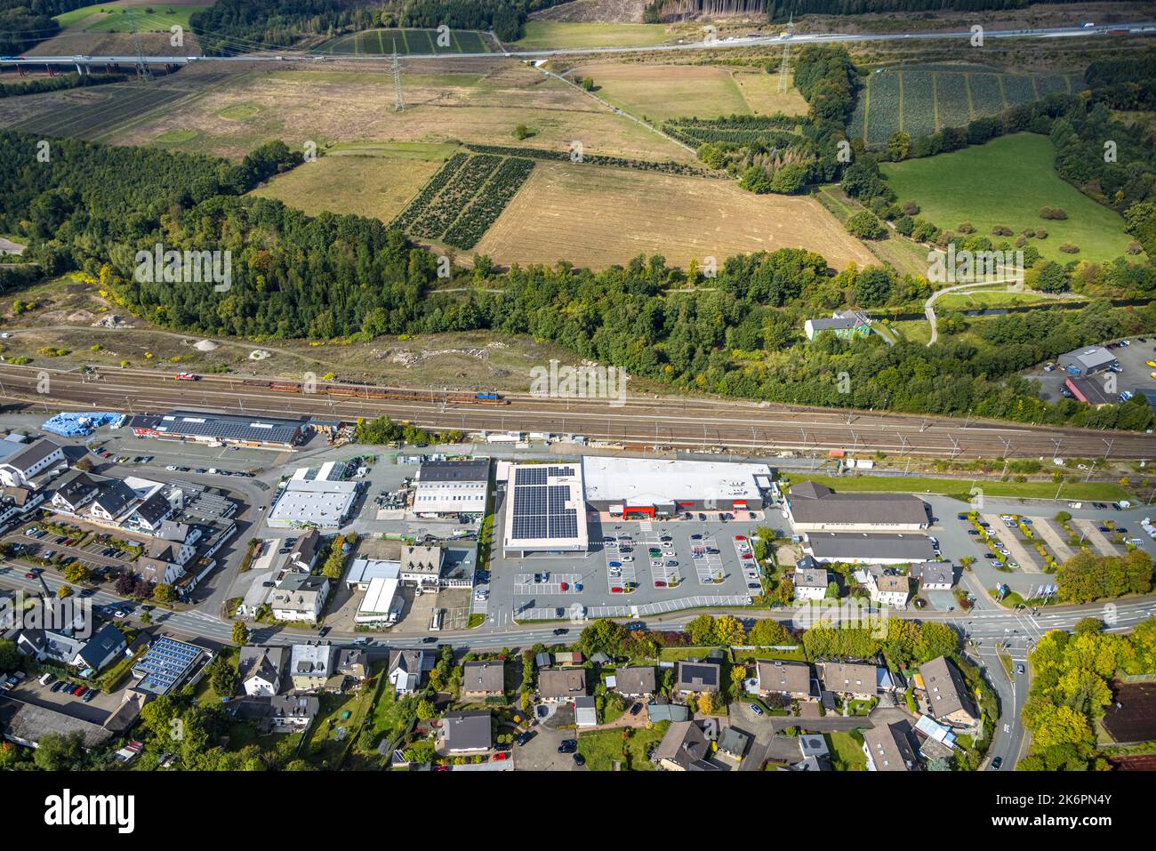 Aerial view, shopping markets Borghausen, Aldi, Rewe, Tedi, KIK, Raiffeisen, Ostwig, Bestwig, Ruhr area, North Rhine-Westphalia, Germany, DE, Purchasi Stock Photo