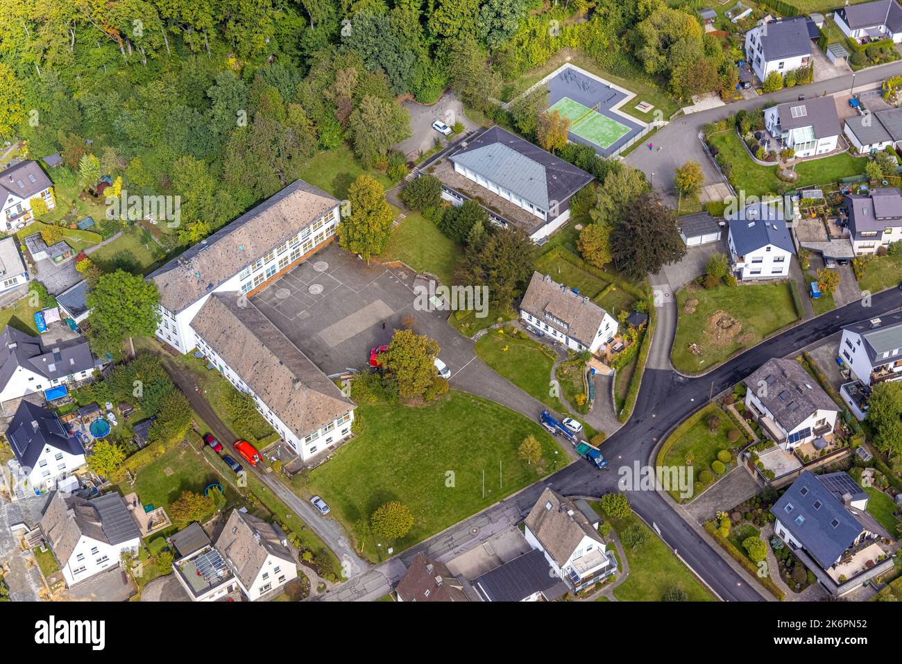 Aerial view, Anne Frank School, gym and new football field Auf dem Schilde, Ostwig, Bestwig, Ruhr area, North Rhine-Westphalia, Germany, Education, Ed Stock Photo