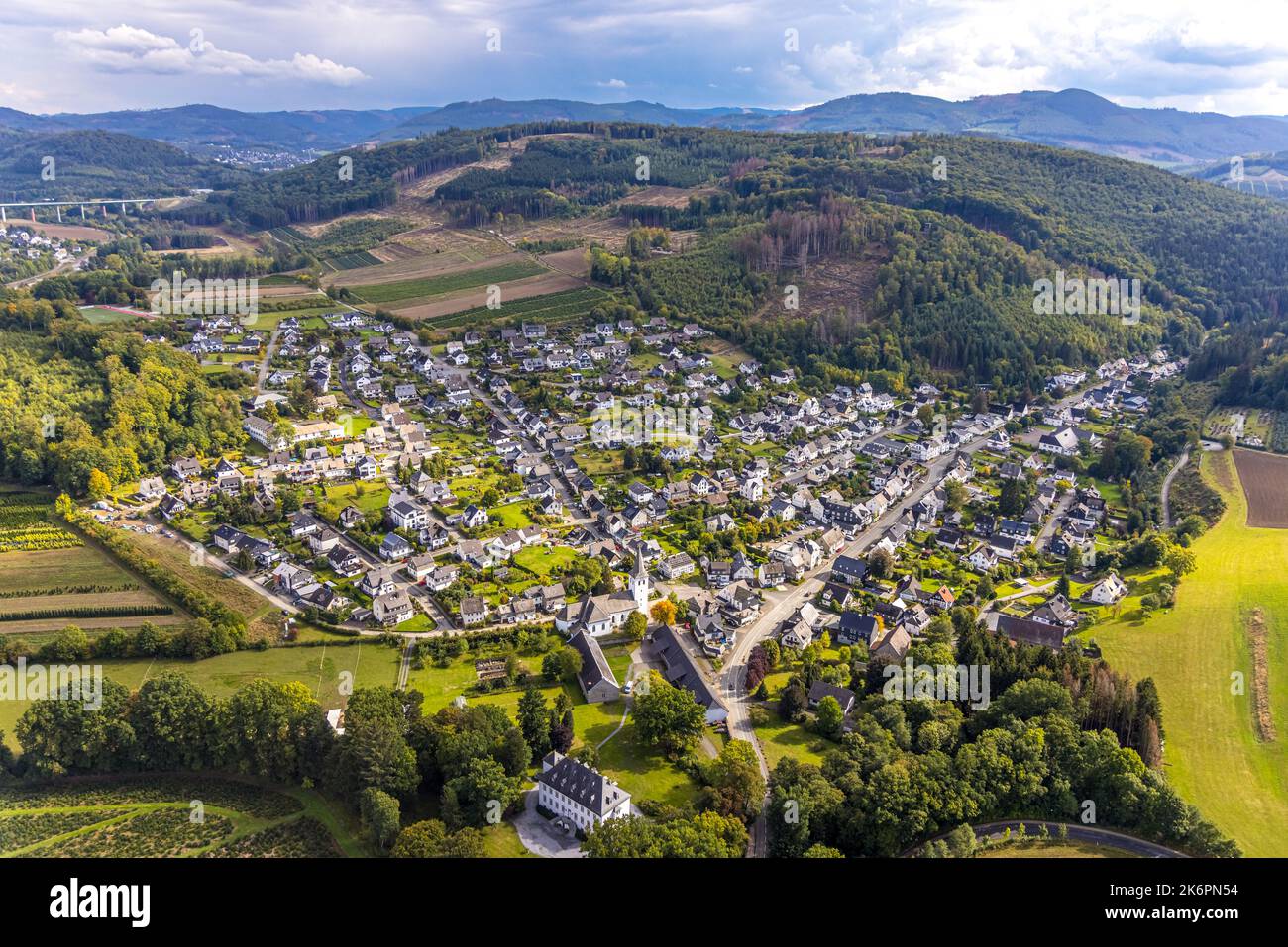 Aerial view, hilly landscape with village view, St. Joseph church, in the foreground forestry office Forst von Lüninck, Ostwig, Bestwig, Ruhr area, No Stock Photo