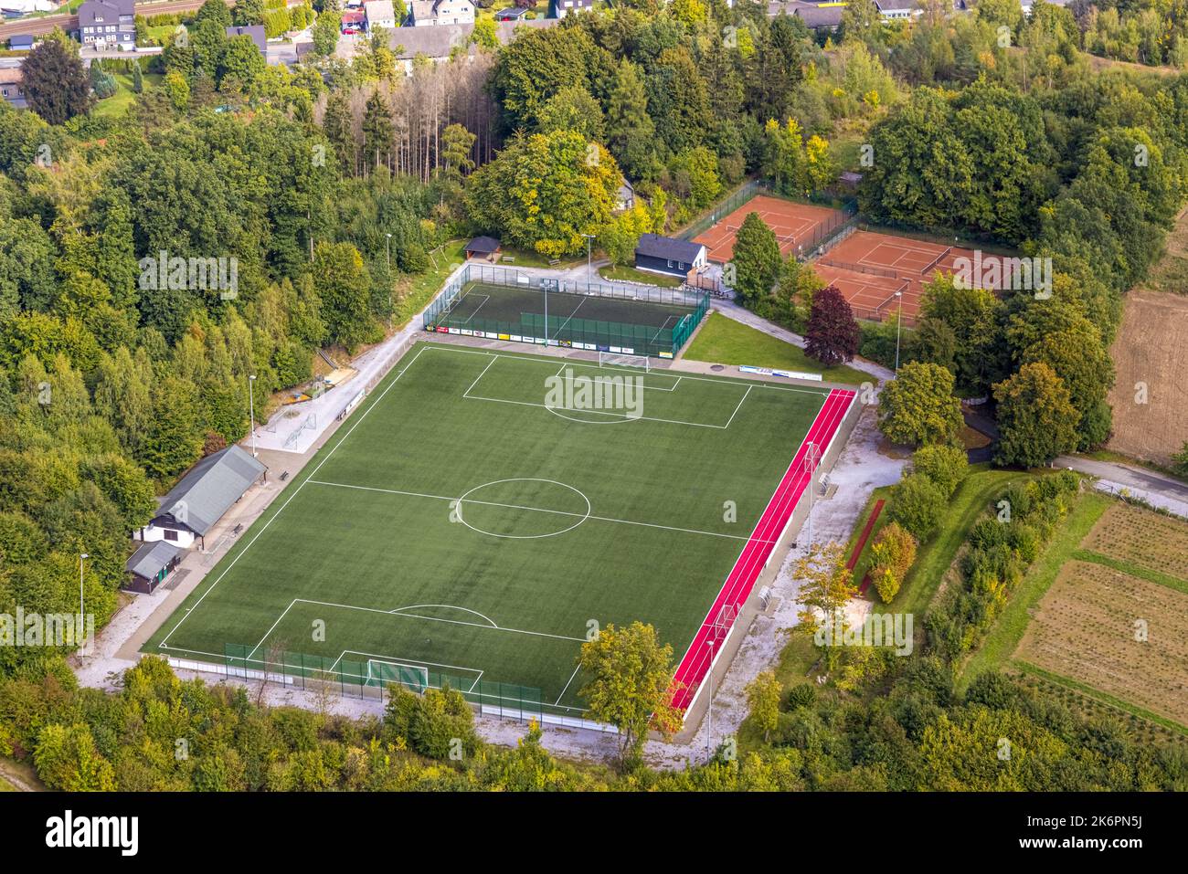 Aerial view, sports field and tennis courts, Ostwig, Bestwig, Ruhr area, North Rhine-Westphalia, Germany, DE, Europe, Football field, Football stadium Stock Photo