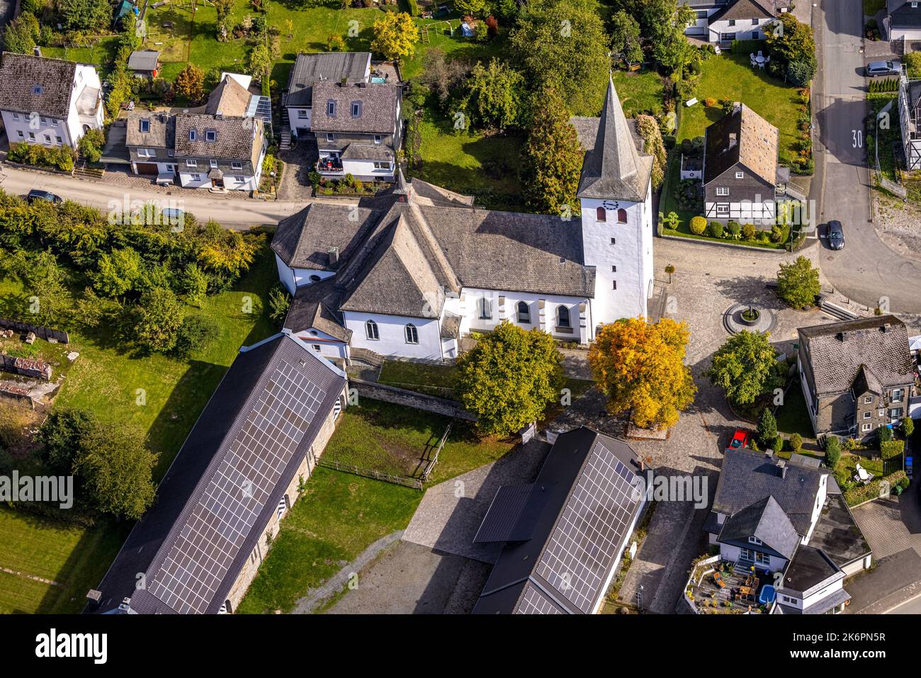 Aerial view, St. Joseph church, Ostwig, Bestwig, Ruhr area, North Rhine-Westphalia, Germany, Andachtstaette, DE, Europe, Faith Community, Place of wor Stock Photo