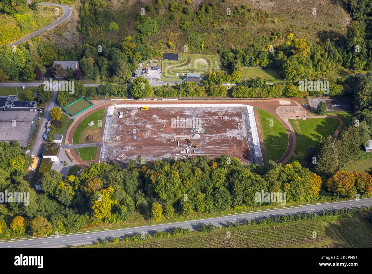 Aerial view, sports facility Tus Velmede- Bestwig, renovation and new construction, Bestwig, North Rhine-Westphalia, Germany, At the baehnchen, DE, Eu Stock Photo
