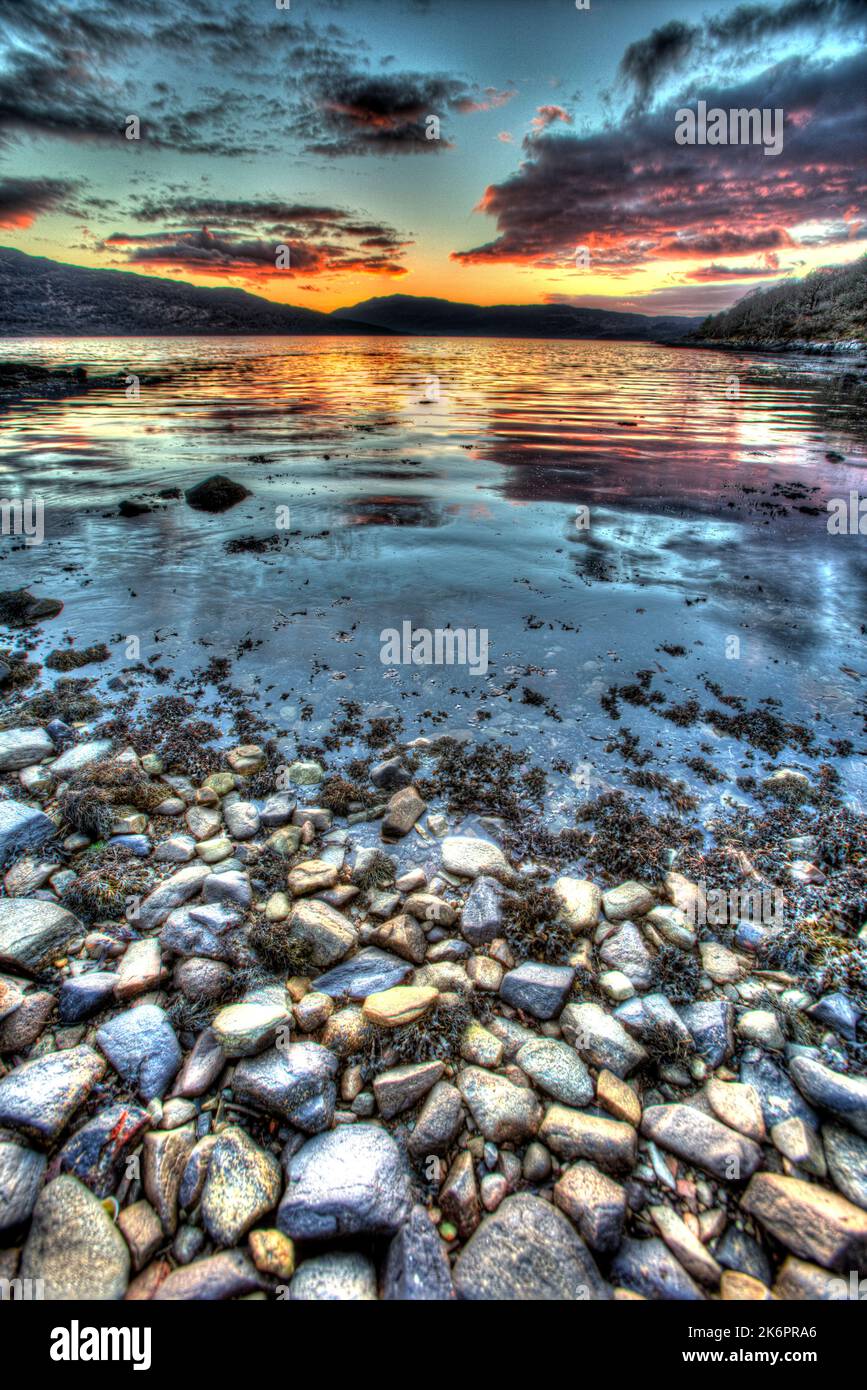 Peninsula of Ardamurchan, Scotland. Artistic sunset view of Loch Sunart. Stock Photo