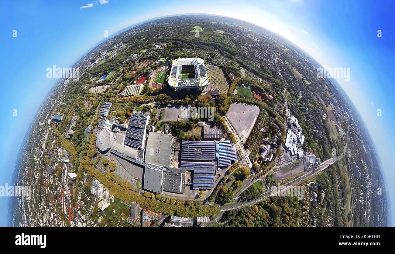 Aerial view, Bundesliga stadium Signal Iduna Park of BVB 09 Dortmund, also Westfalenstadion, stadium Rote Erde, Westfalenhallen, fisheye shot, 360 deg Stock Photo