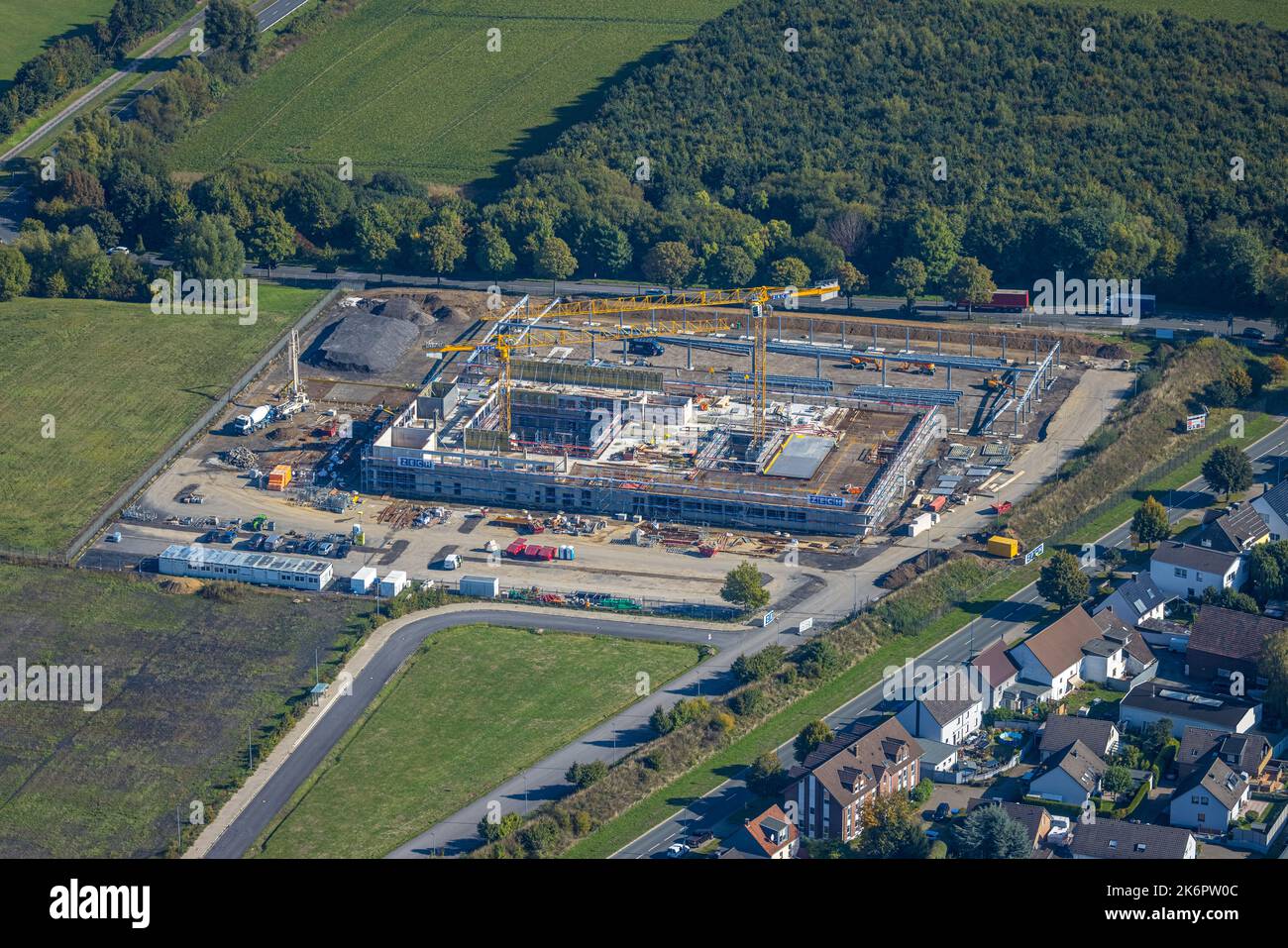 Aerial view, construction site for a new police building, Flughafenring corner Zeche-Norm-Straße, former parking lot P3, Dortmund Airport, Wickede, Do Stock Photo