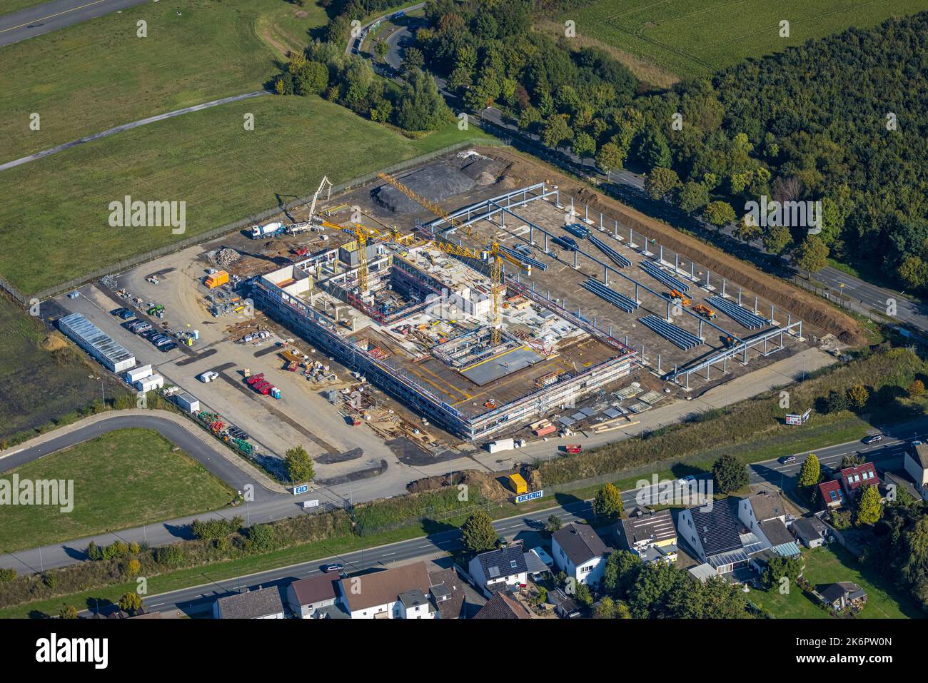 Aerial view, construction site for a new police building, Flughafenring corner Zeche-Norm-Straße, former parking lot P3, Dortmund Airport, Wickede, Do Stock Photo