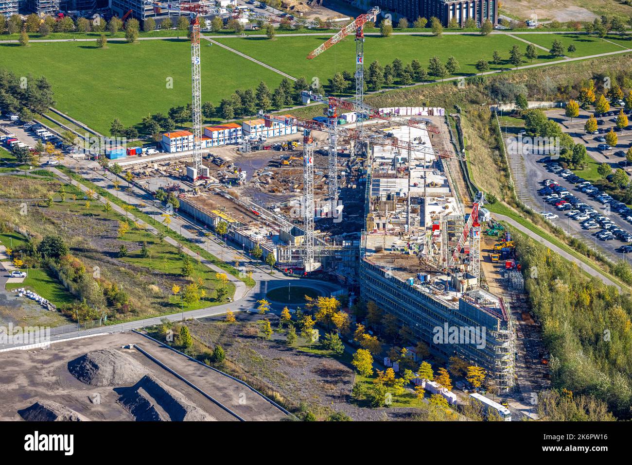 Aerial view, industrial park Phoenix West, construction site and new building at Phoenix Park at
