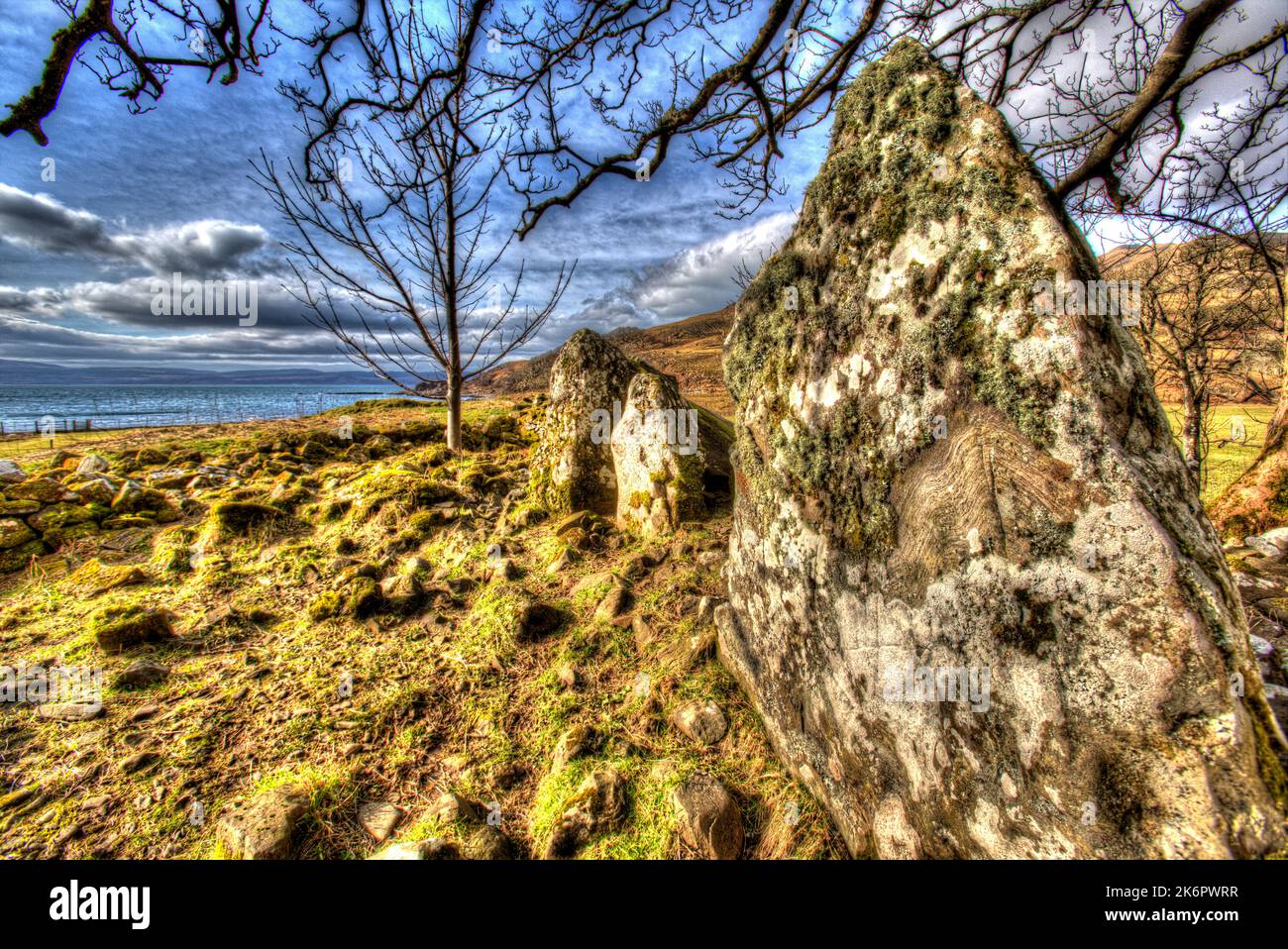 Peninsula of Ardamurchan, Scotland. Artistic view of façade stones at Camas nan Geall’s Neolithic chambered cairn. Stock Photo