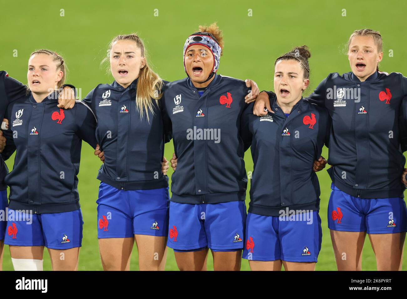 French players sing national anthem during the Women's Rugby World Cup match France vs England