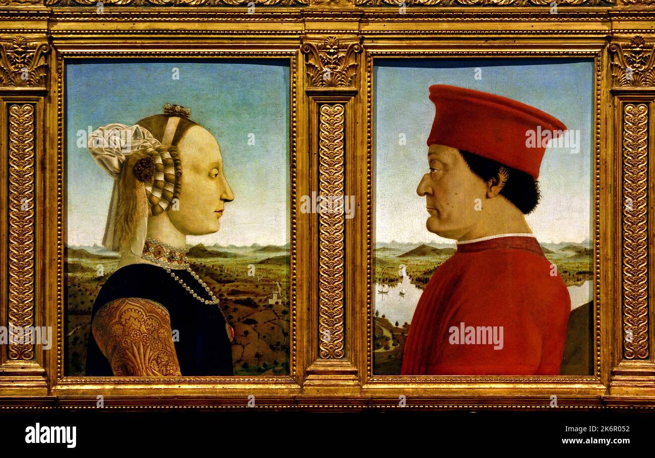 Duke and Duchess of Urbino, Federico da Montefeltro and Battista Sforza, 1467-72, tempera on panel, 47 x 33 cm  Uffizi, Florence, Piero della Francesca  1416/17 – 1492, Florence, Italy. ( In the tradition of the fourteenth century, inspired by the design of ancient coins, the two figures are shown in profile, ) Piero della Francesca, carried out this, masterpiece between ,1465 and 1472. Stock Photo