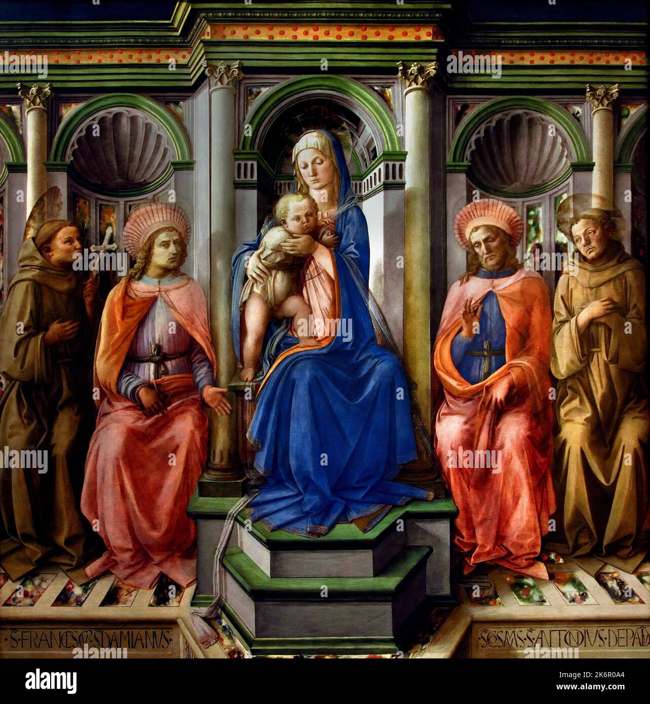 Madonna and Child, with, St. Francis, St. Cosmas, St. Damian , St. Anthony of Padua, Filippo Lippi, 1440-1445,Florence, Italy, Uffizi Gallery. Stock Photo