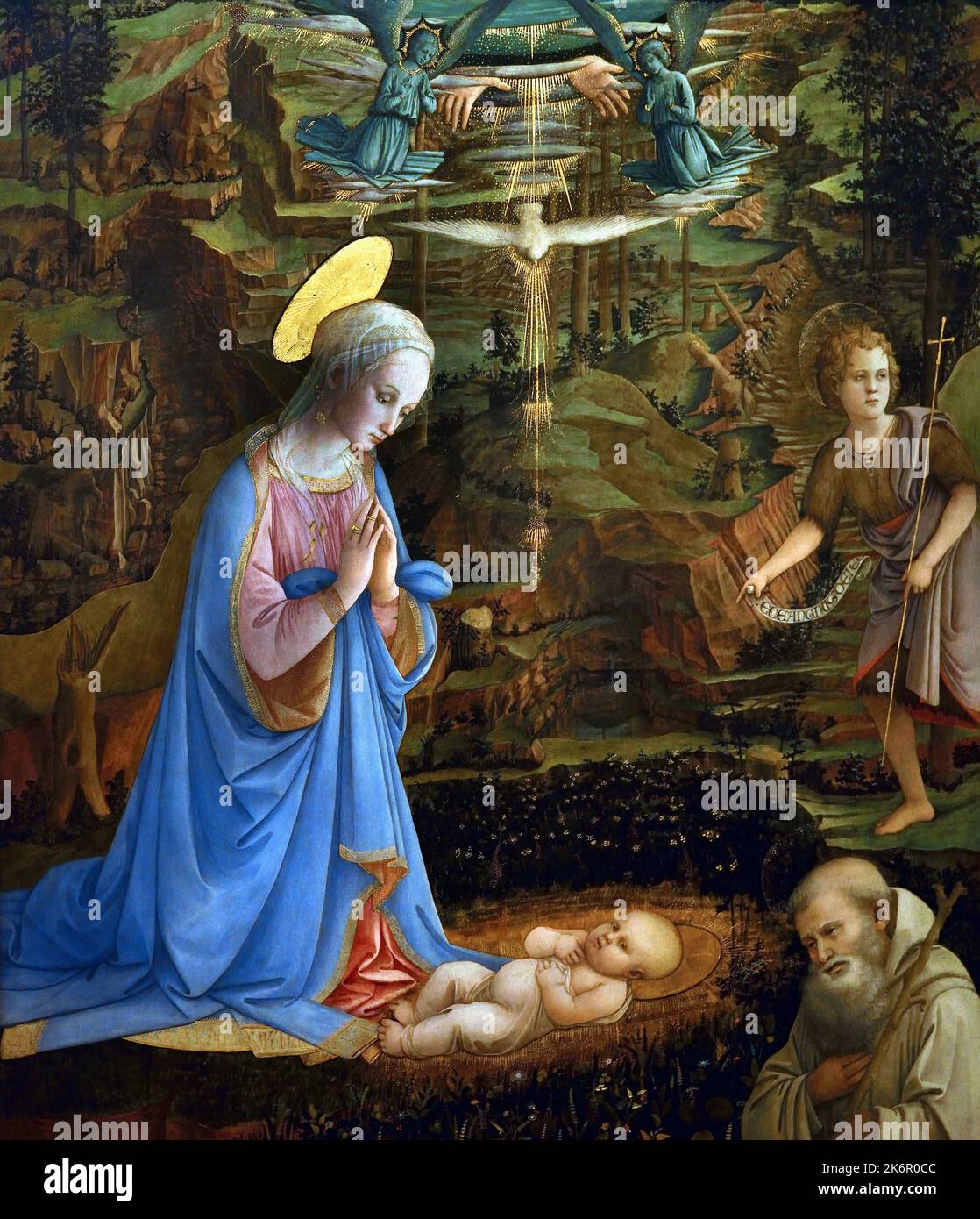 Adoration of Christ Child, with, Young St John the Baptist, St Romuald, Angels, Hands of God the Father, and, Holy Ghost as Dove, by, Filippo Lippi, , Florence, Italy. Stock Photo