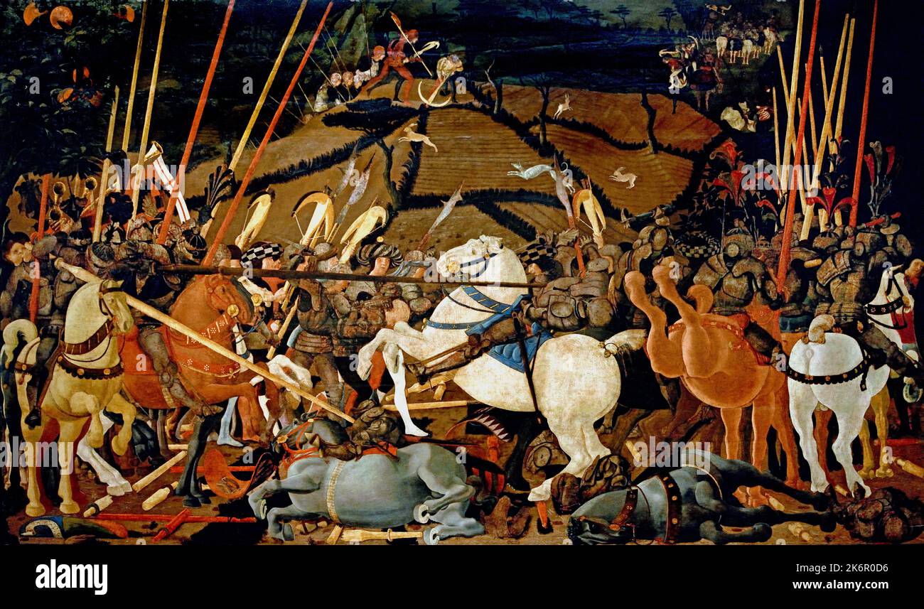 Battle of San Romano, Paolo Uccello, (Pratovecchio, Arezzo 1397-1475) , Florence, Italy.  Battle of San Romano, was fought on June 1st 1432, some 30 miles outside Florence, between the troops of Florence, commanded by Niccolò da Tolentino, and Siena, under Francesco Piccinino. The outcome is generally considered favourable, to the Florentines, but in the Sienese chronicles, it was considered a victory. Stock Photo