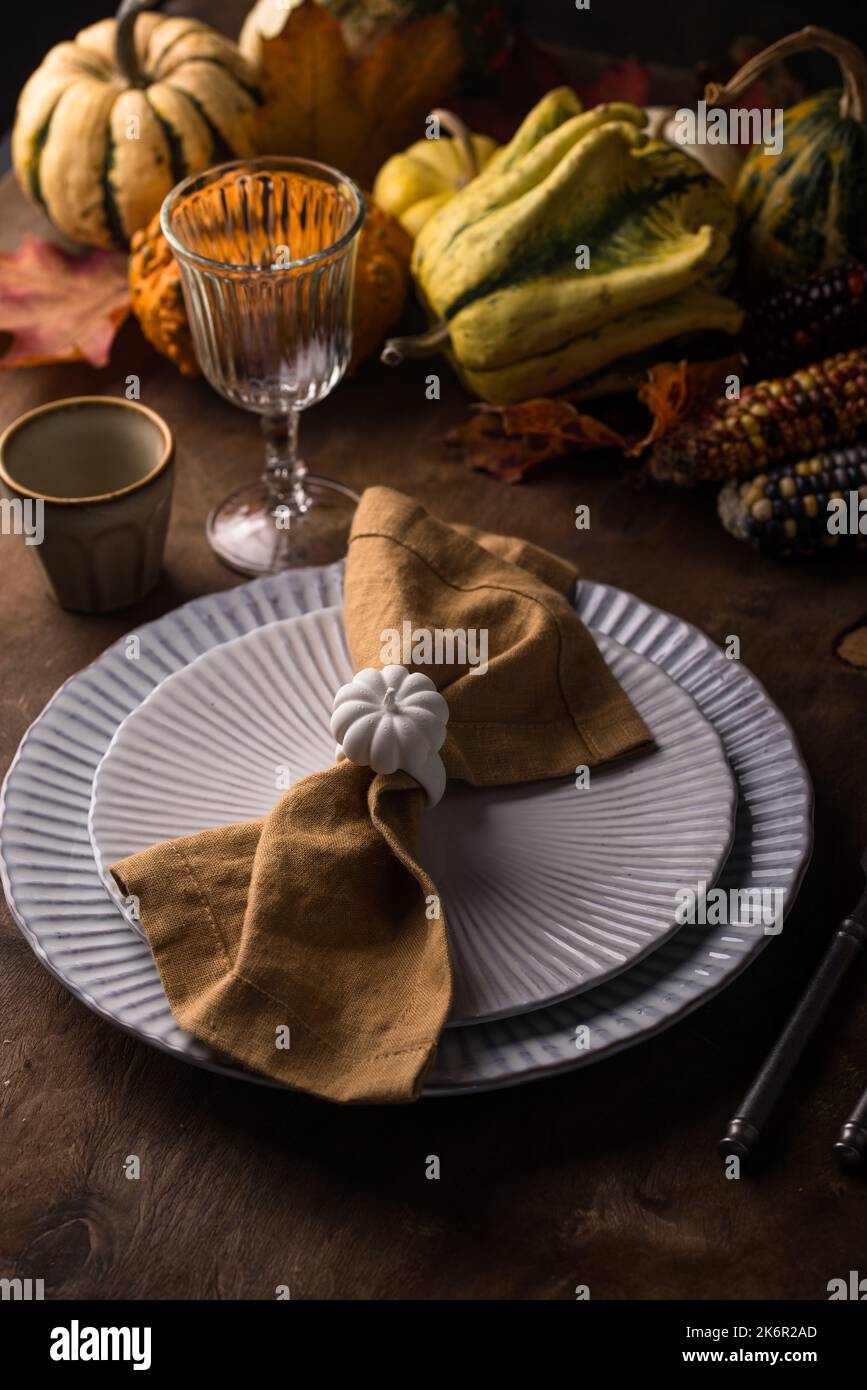 Autumn fall Thanksgiving table setting Stock Photo