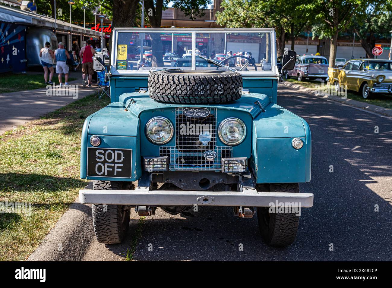 Falcon Heights, MN - June 19, 2022: High perspective front view of a 1955 Land Rover Series 1 107 Pickup at a local car show. Stock Photo