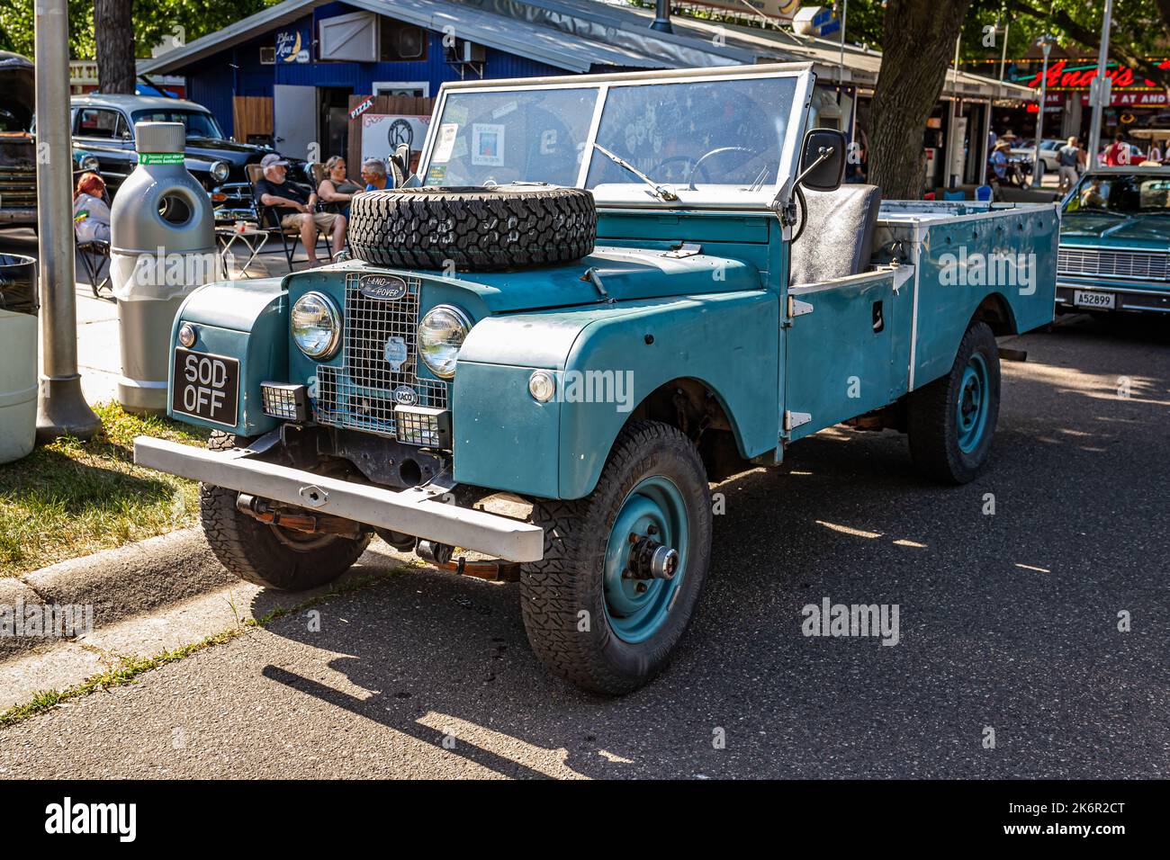 Falcon Heights, MN - June 19, 2022: High perspective front corner view of a 1955 Land Rover Series 1 107 Pickup at a local car show. Stock Photo