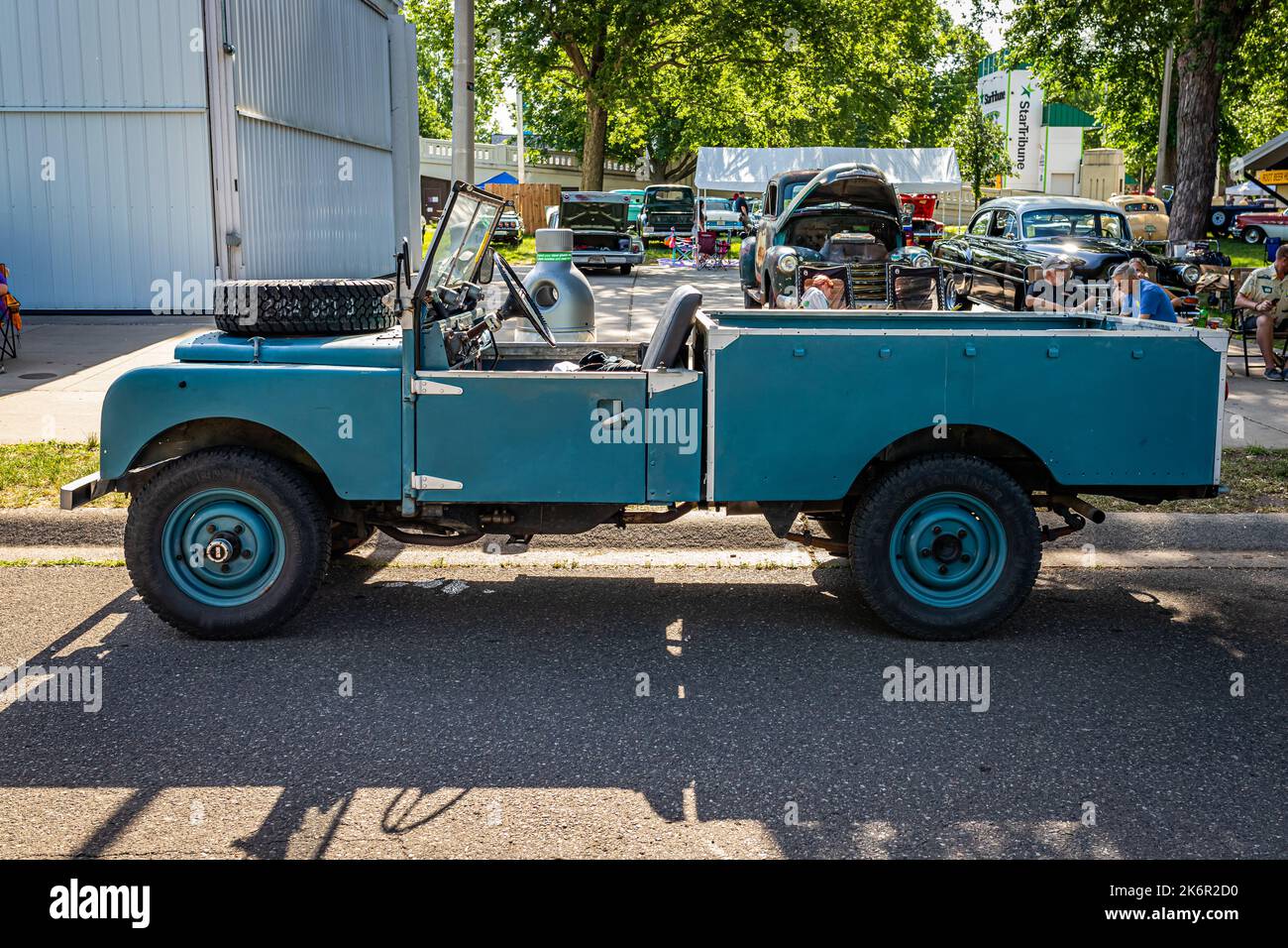 Falcon Heights, MN - June 19, 2022: High perspective side view of a 1955 Land Rover Series 1 107 Pickup at a local car show. Stock Photo