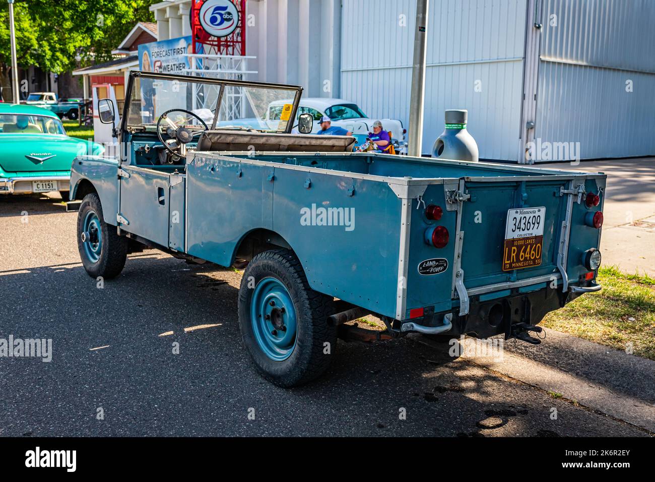 Falcon Heights, MN - June 19, 2022: High perspective rear corner view of a 1955 Land Rover Series 1 107 Pickup at a local car show. Stock Photo