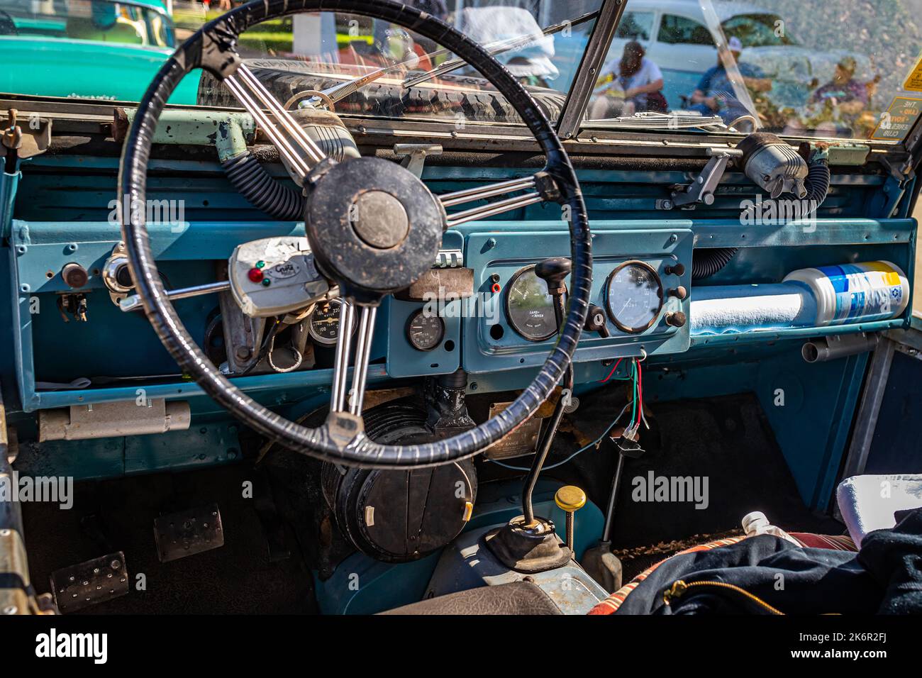 Falcon Heights, MN - June 19, 2022: Close up detail interior view of a 1955 Land Rover Series 1 107 Pickup at a local car show. Stock Photo