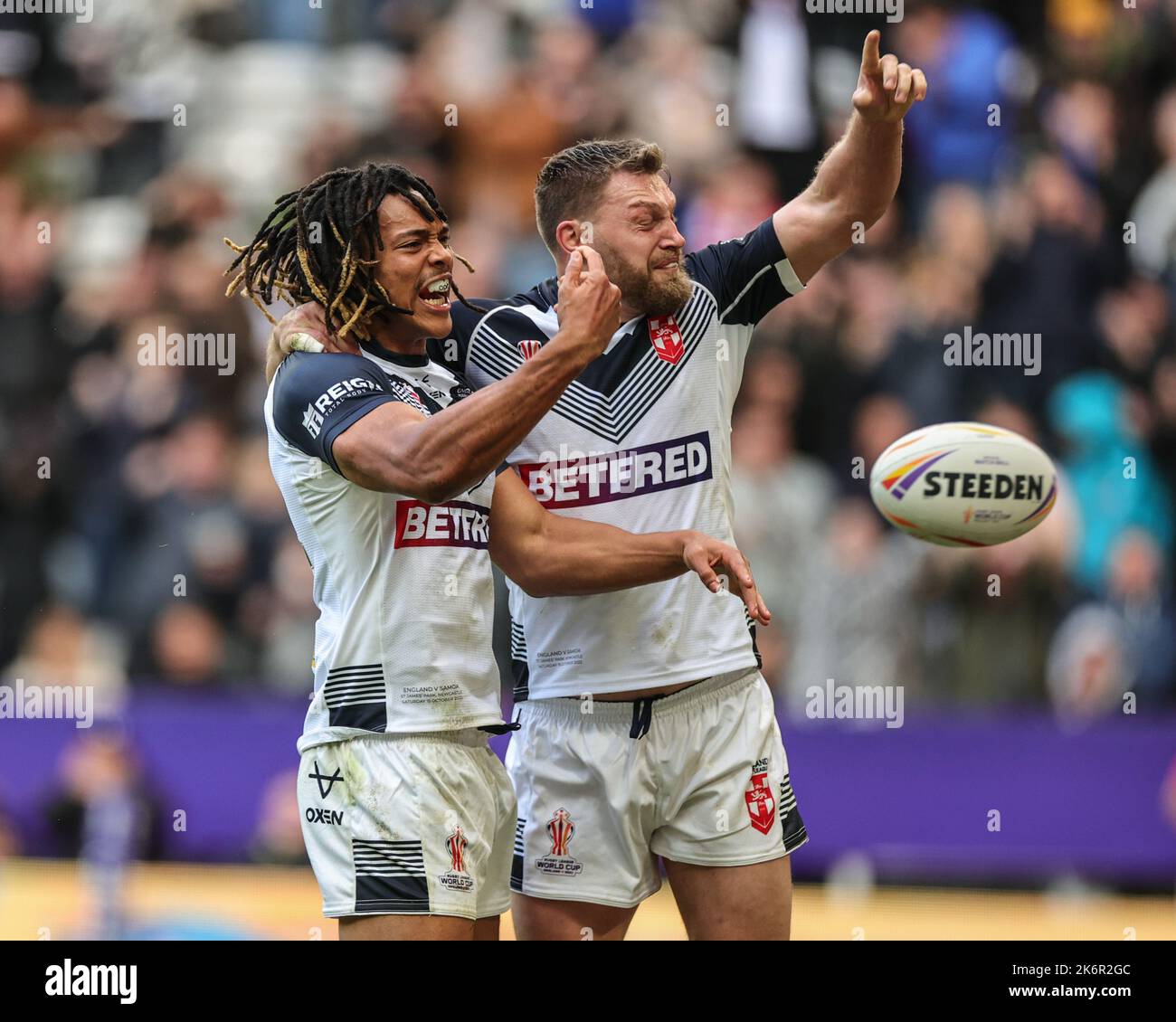 Dom Young of England celebrates his try during the Rugby League World