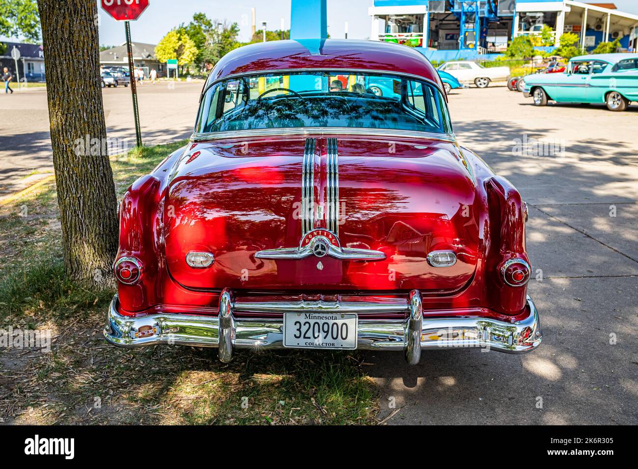 Falcon Heights, MN - June 19, 2022: High perspective rear view of a 1953 Pontiac Chieftain 2 Door Sedan at a local car show. Stock Photo