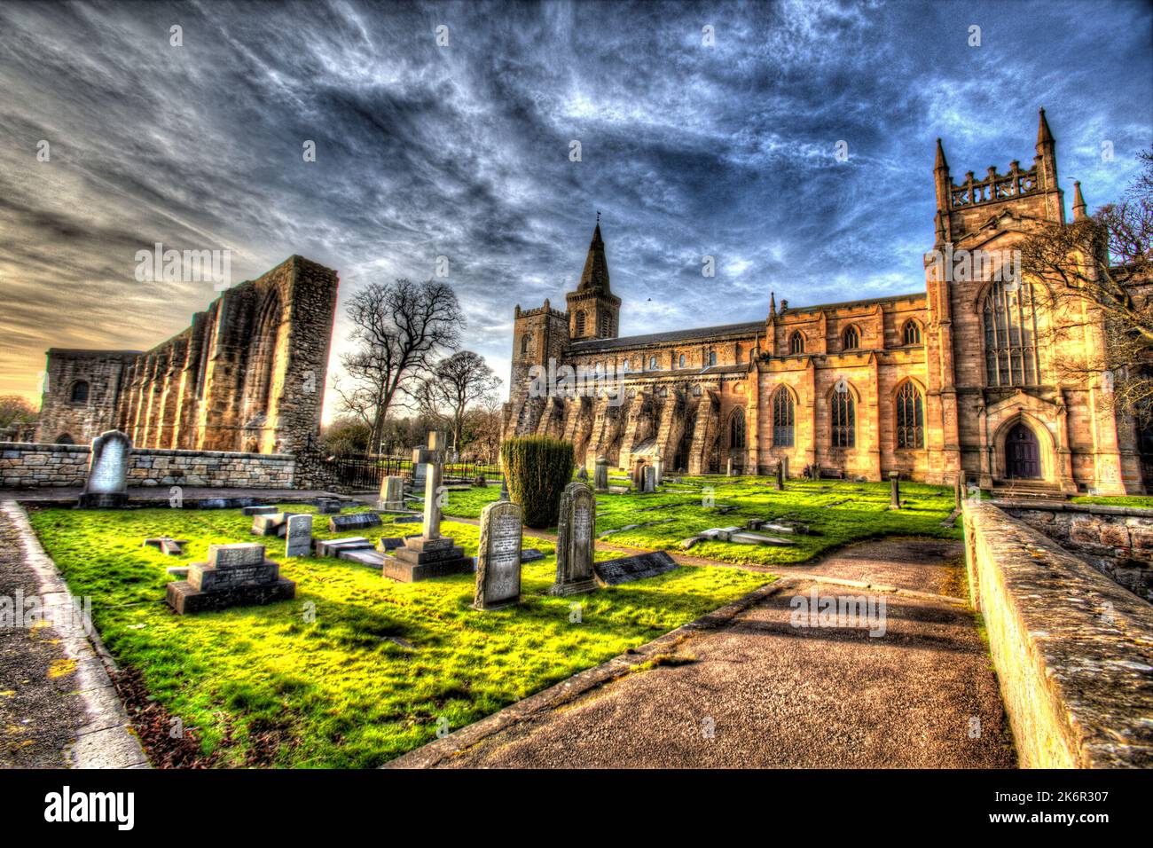 City of Dunfermline, Scotland. Artistic view of the southern façade of Dunfermline Abbey, with the palace on the left. Stock Photo