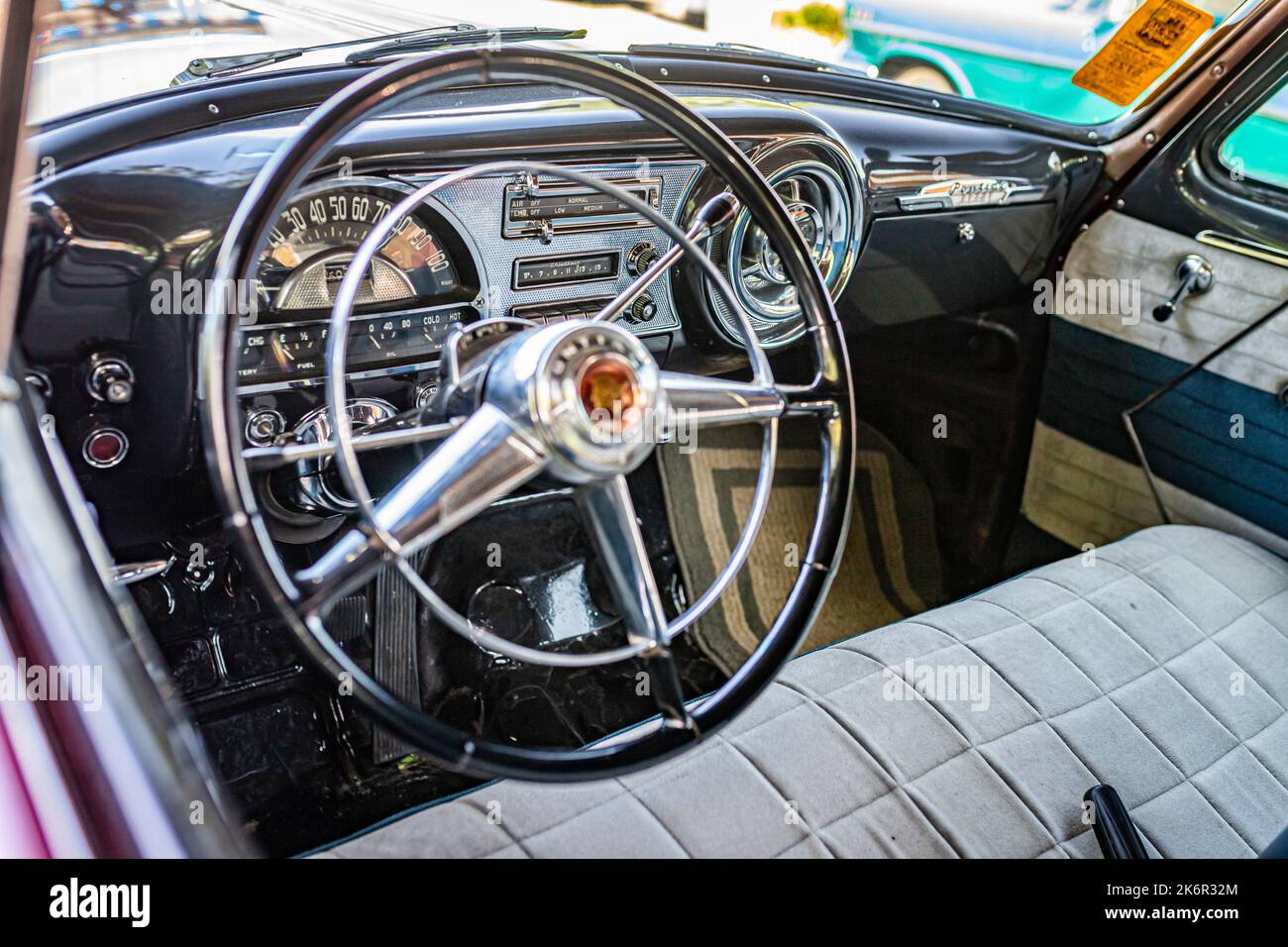 Falcon Heights, MN - June 19, 2022: Close up detail interior view of a 1953 Pontiac Chieftain 2 Door Sedan at a local car show. Stock Photo
