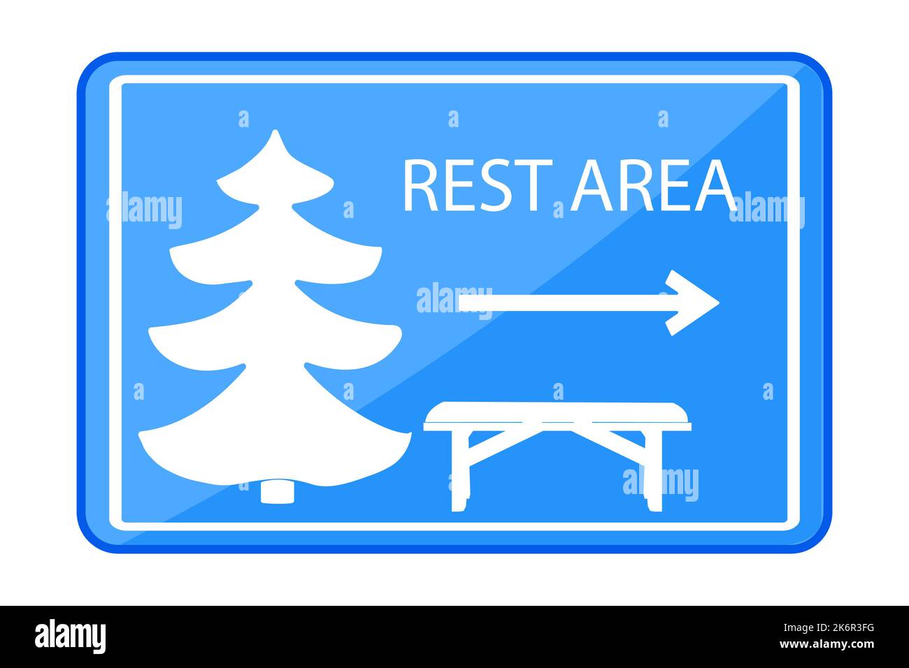 Traffic sign with bench, pine tree, arrow and text. Parking zone. Picnic area icon. Road sign indicating resting place. Rest site for motorists.Vector Stock Vector