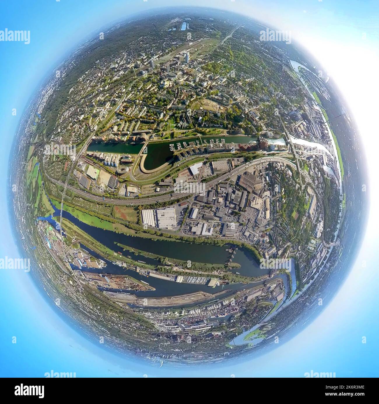 Aerial view, Duisport Innenhafen, Marina Yachthafen and The Curve, harbor area, fisheye shot, fish eye shot, 360 degree shot, Kaßlerfeld, Duisburg, Ru Stock Photo