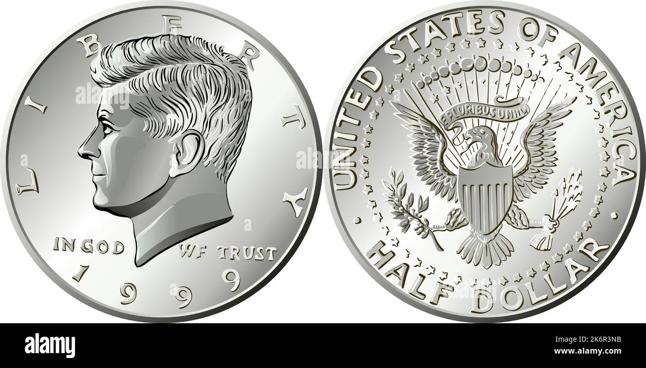 Set of United States coin Half dollar with John F Kennedy on obverse and Presidential Seal on reverse Stock Vector