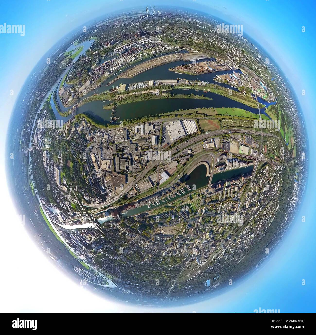 Aerial view, Duisport Innenhafen, Marina Yachthafen and The Curve, harbor area, fisheye shot, fish eye shot, 360 degree shot, Kaßlerfeld, Duisburg, Ru Stock Photo