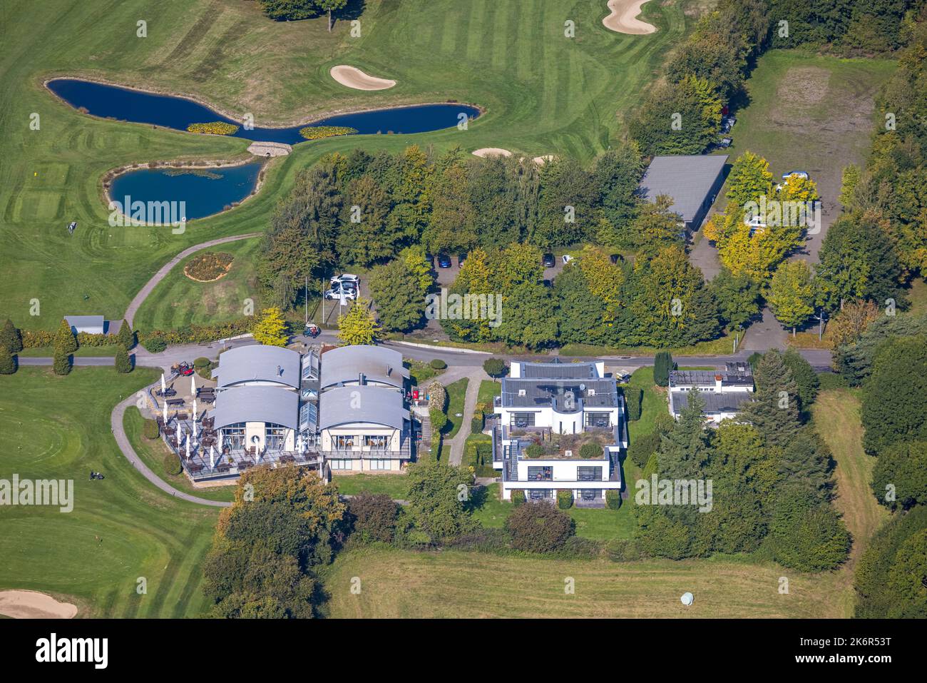 Aerial view, Gut Neuenhof Golf Club, 18-hole golf course, green, bunker,  sand pit, Froendenberg Ruhr, Ruhr area Stock Photo - Alamy