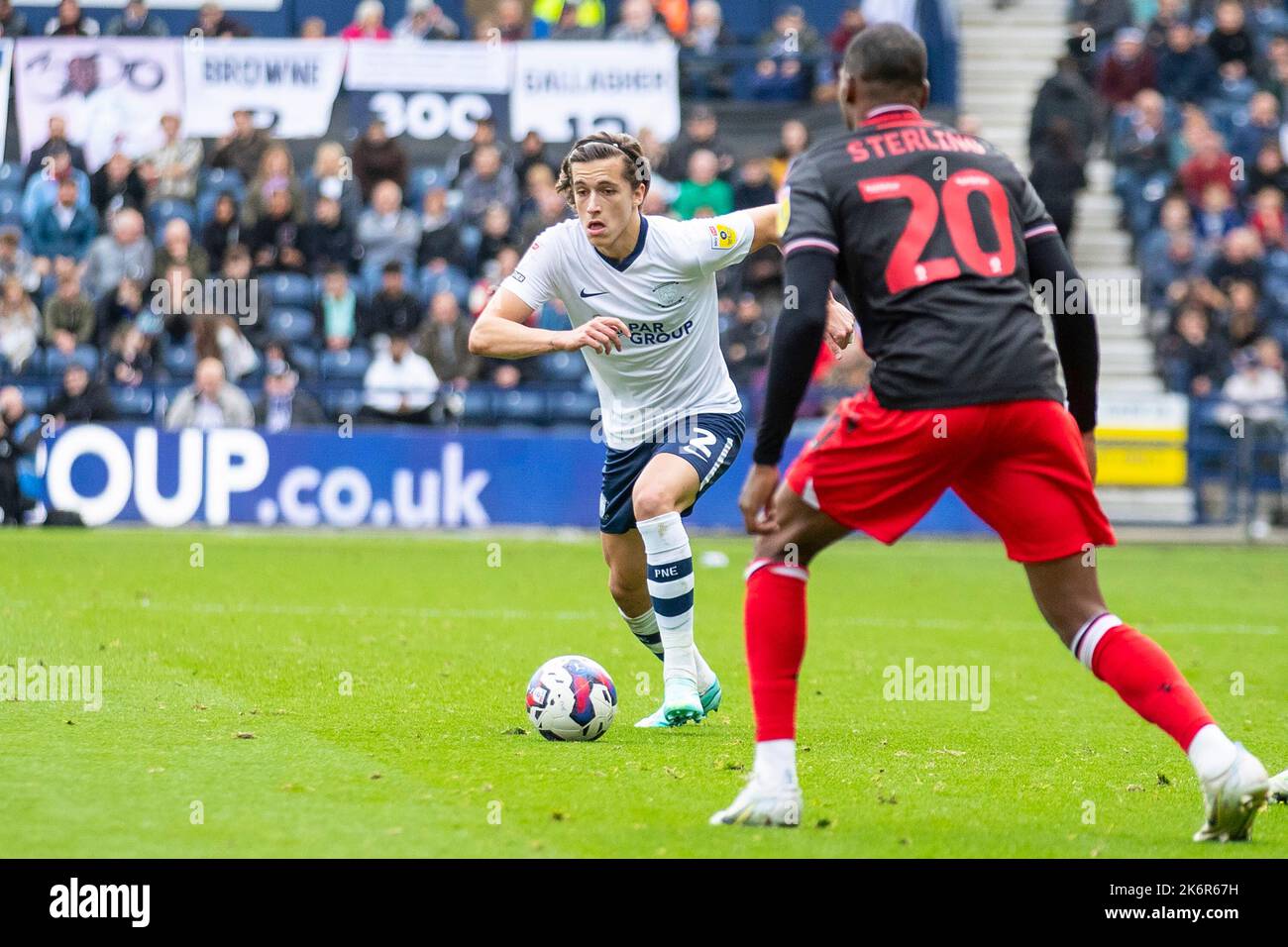 Álvaro Fernández (2) of Preston North End in possession of the ball during the Sky Bet Championship match between Preston North End and Stoke City at Deepdale, Preston on Saturday 15th October 2022. (Credit: Mike Morese | MI News) Credit: MI News & Sport /Alamy Live News Stock Photo