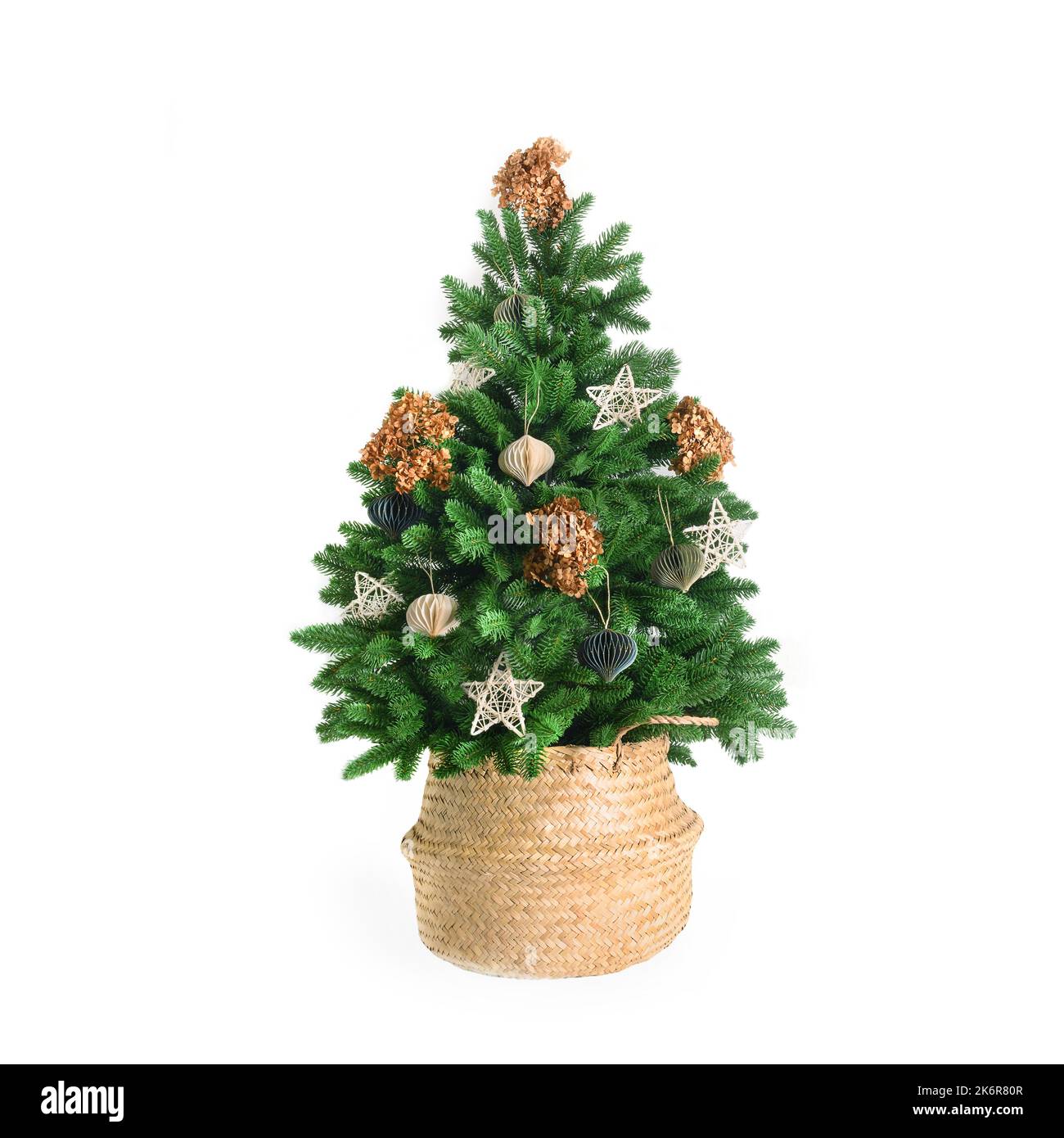Christmas tree without natural decor in wicker basket isolated on white