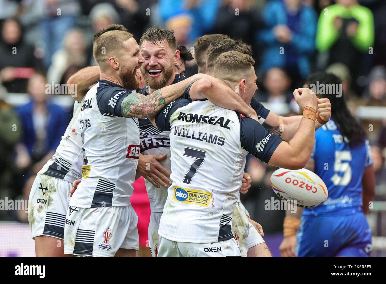 Elliott Whitehead of England celebrates his try during the Rugby League ...