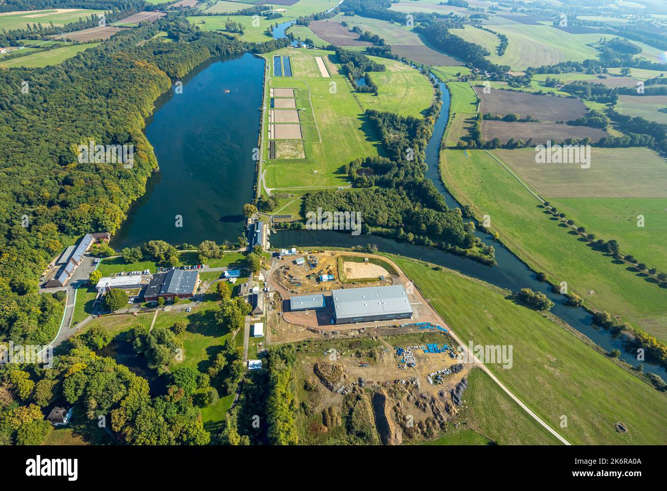 Aerial view, Hengsen reservoir, weir, Hengsen hydropower plant, AWWR water supply company
