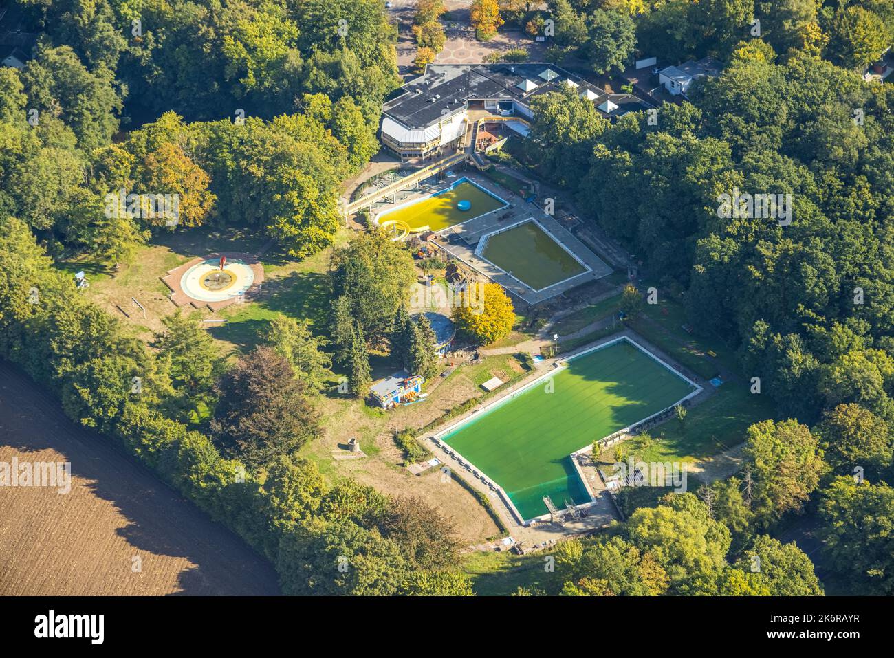 Aerial view, outdoor pool Schöne Flöte, construction site, Holzwickede, Ruhr area, North Rhine-Westphalia, Germany, Bathhouse, Bathing resort, Constru Stock Photo