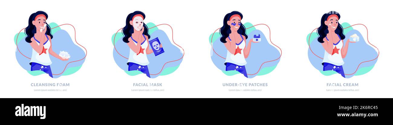 Skin care steps. Young woman using cleansing foam, facial mask, eye ...