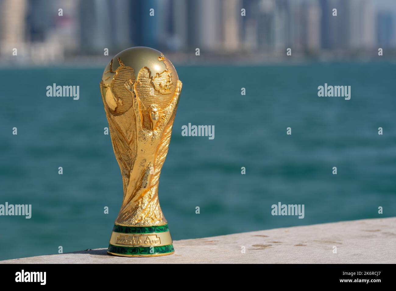FIFA World Cup Trophy on the Doha corniche, Qatar. Stock Photo