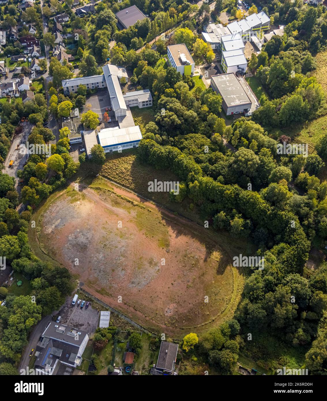 Aerial view, Städt. Gesamtschule Menden, old sports field, Menden, Ruhr area, North Rhine-Westphalia, Germany, Education, Educational institution, DE, Stock Photo