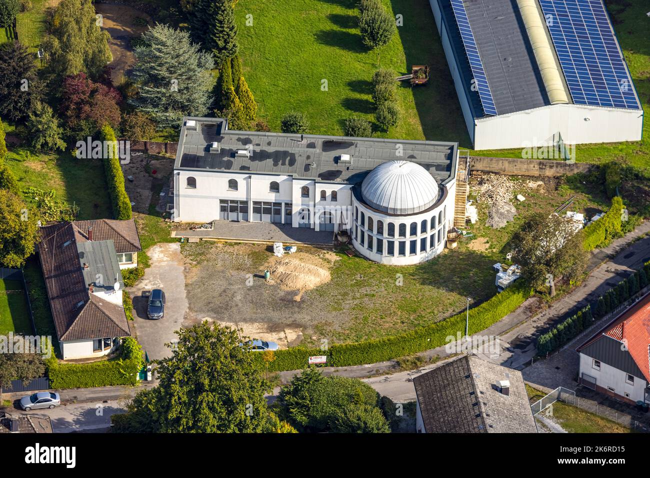 Aerial view, new building mosque, An der Fingerhutsmühle, Menden, Ruhr area, North Rhine-Westphalia, Germany, Worship site, DE, Europe, Faith Communit Stock Photo