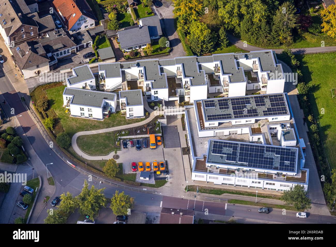 Aerial view, new construction housing estate Heidestraße, apartments suitable for elderly people, Holzen, Menden, Ruhr area, North Rhine-Westphalia, G Stock Photo